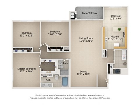 Floor plan for 3 beds, 2 baths, 1825 sqft